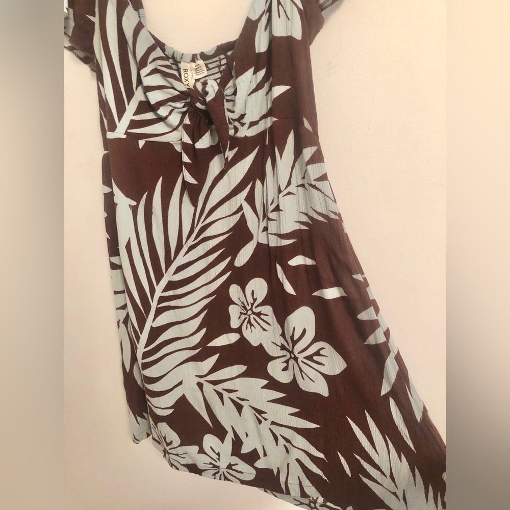 Y2k Roxy Hawaiian print Floral Brown Blue Dress Flutter Sleeves Keyhole Front - Picture 2 of 6